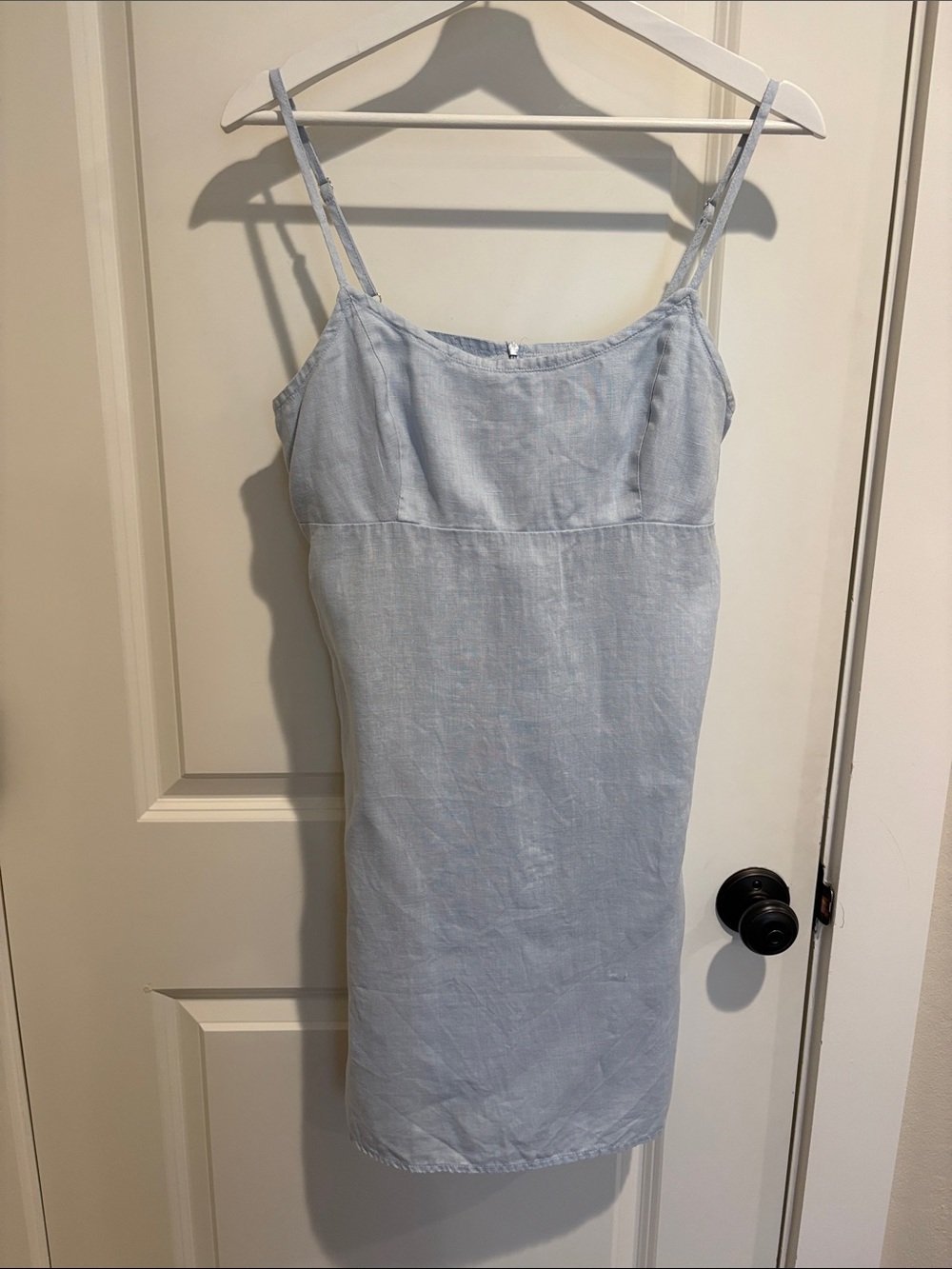 Brandy Melville Light Blue Linen mini Dress with tie back and adjustable straps